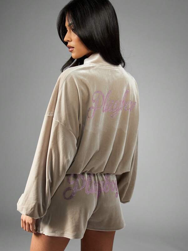 Missguided Missguided X Playboy Rhinestone Embellished Velour Bomber Half Zip Lightweight Jacket