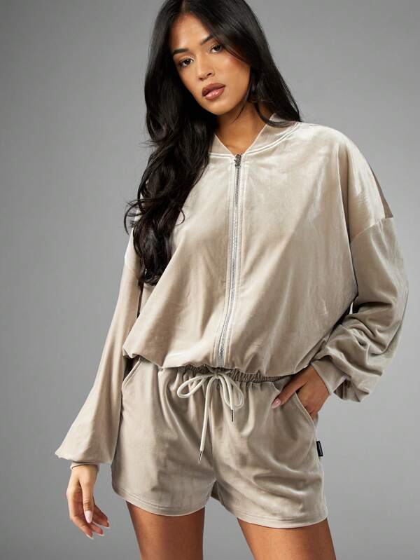 missguided Missguided x Playboy Rhinestone Embellished Velour Bomber Half Zip Lightweight Jacket