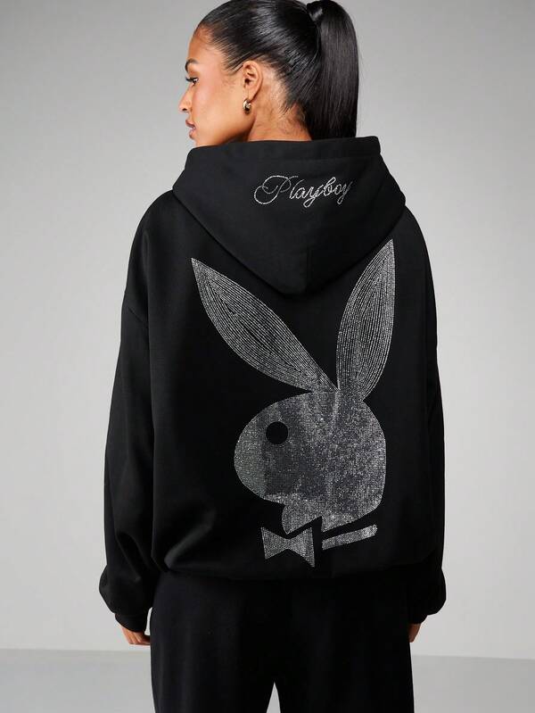 Missguided Missguided X Playboy Rhinestone Full Zip Hoodie With Drawstring