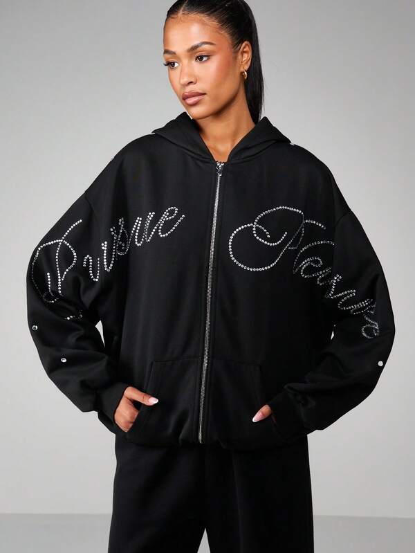 missguided Missguided x Playboy Rhinestone Full Zip Hoodie With Drawstring