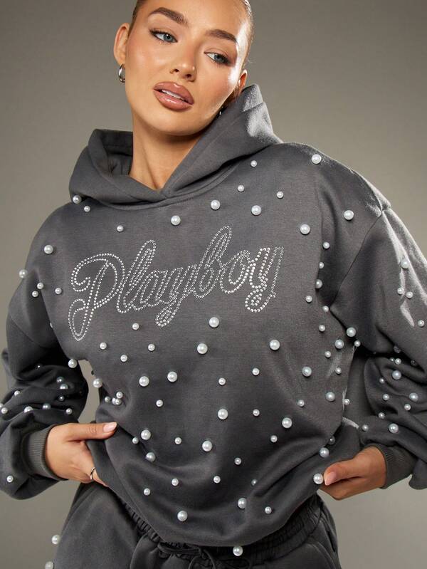 Missguided Missguided X Playboy Rhinestone Hoodie With Pearl Details