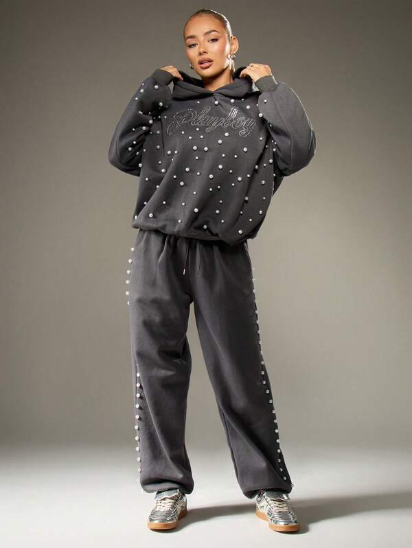 Missguided Missguided X Playboy Rhinestone Hoodie With Pearl Details