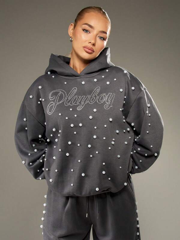missguided Missguided x Playboy Rhinestone Hoodie With Pearl Details