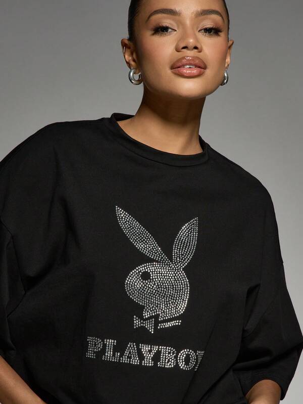 Missguided Missguided X Playboy Rhinestone Logo Oversized Statement T-Shirt