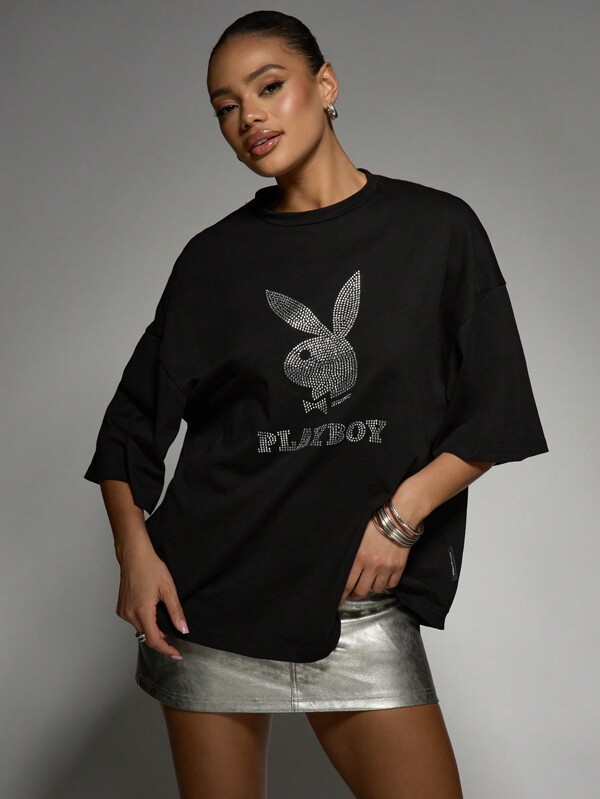missguided Missguided x Playboy Rhinestone Logo Oversized Statement T-Shirt