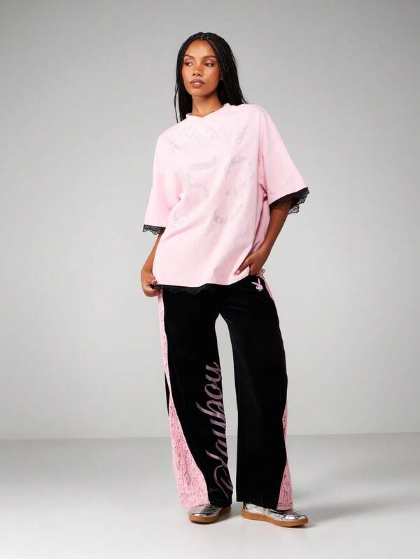 Missguided Missguided X Playboy Rhinestone Number T-Shirt With Lace Trim