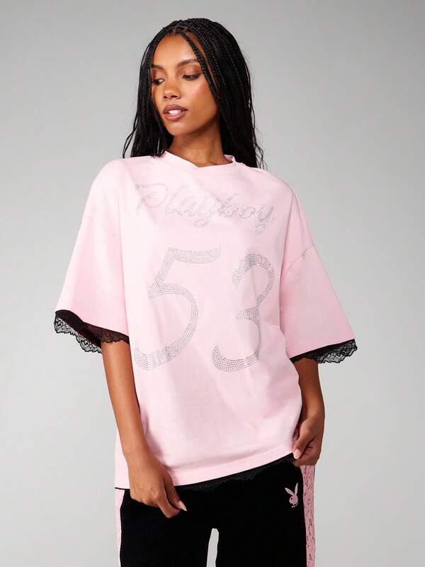 Missguided Missguided X Playboy Rhinestone Number T-Shirt With Lace Trim