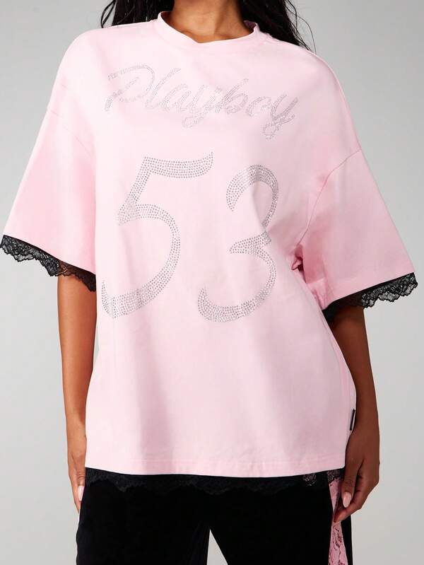 missguided Missguided x Playboy Rhinestone Number T-Shirt With Lace Trim