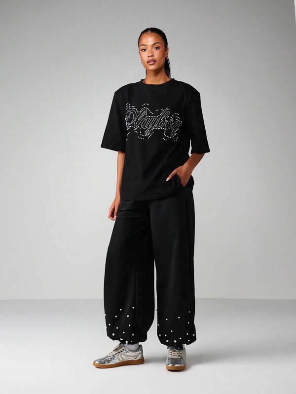 Missguided Missguided X Playboy Rhinestone Script Tee With Sparkle Detail