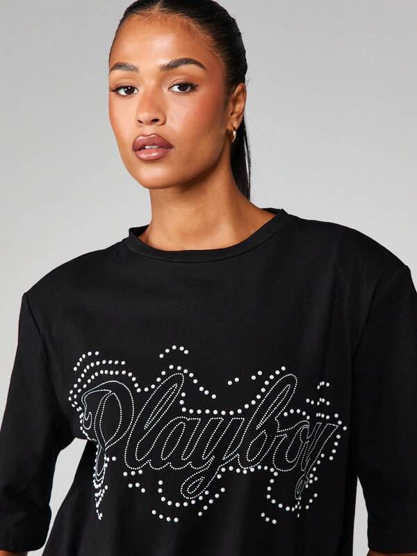 Missguided Missguided X Playboy Rhinestone Script Tee With Sparkle Detail