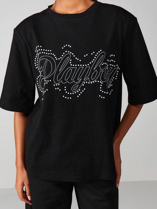 missguided Missguided x Playboy Rhinestone Script Tee With Sparkle Detail