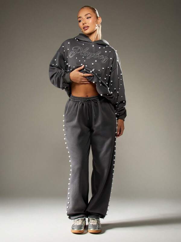 missguided Missguided x Playboy Rhinestone Sweatpants With Pearl Details