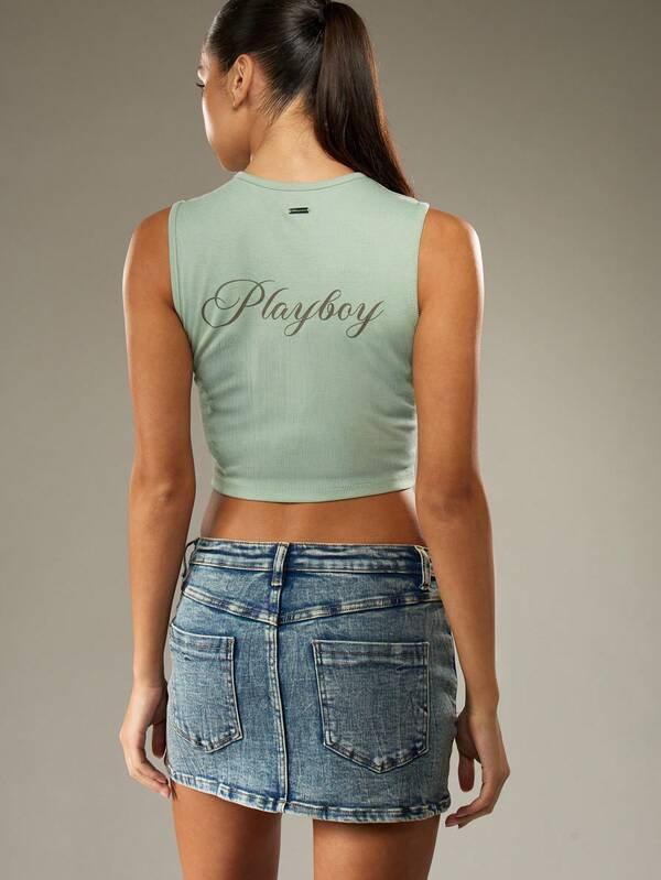 Missguided Missguided X Playboy Ribbed Button Front Tank Top With Bunny Logo