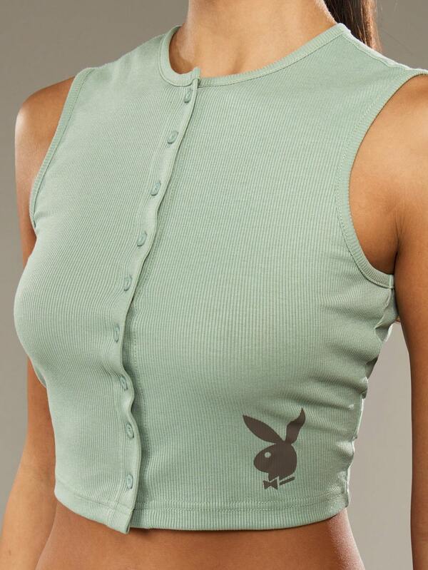 Missguided Missguided X Playboy Ribbed Button Front Tank Top With Bunny Logo
