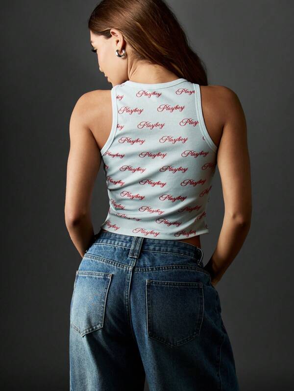 Missguided Missguided X Playboy Ribbed Cami Top With Script Pattern
