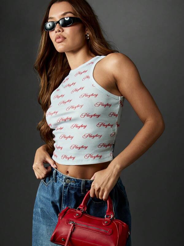 missguided Missguided x Playboy Ribbed Cami Top With Script Pattern