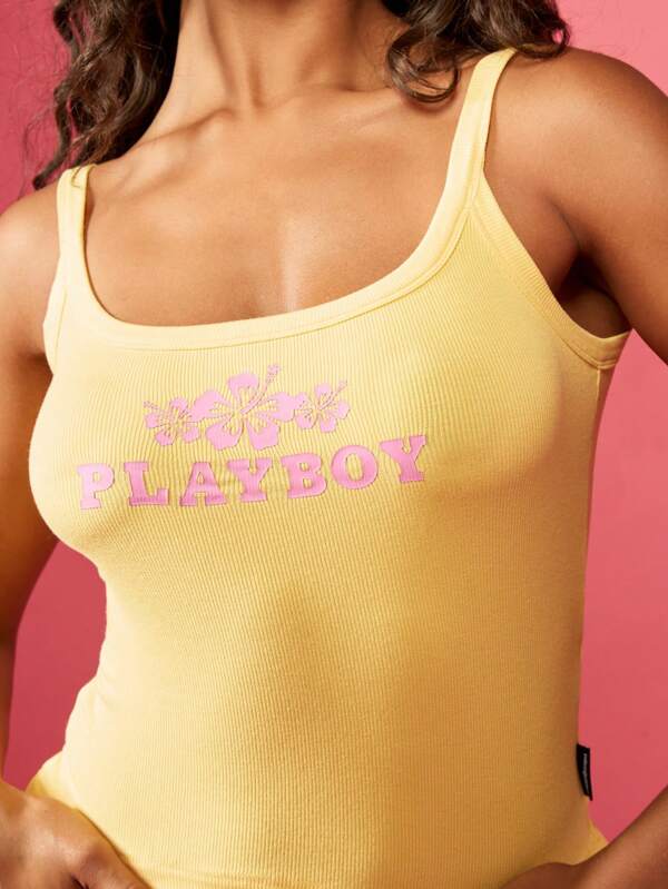 missguided Missguided x Playboy Ribbed Crop Tank Top With Flower Logo