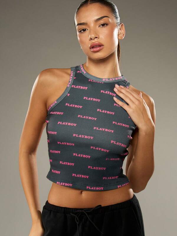 Missguided Missguided X Playboy Ribbed Crop Tank Top With Logo Print Racerback Design
