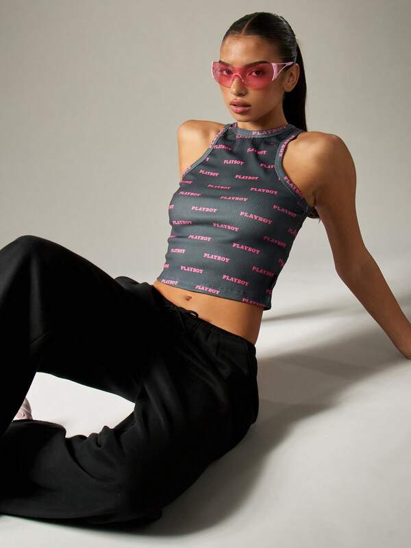 missguided Missguided x Playboy Ribbed Crop Tank Top With Logo Print Racerback Design