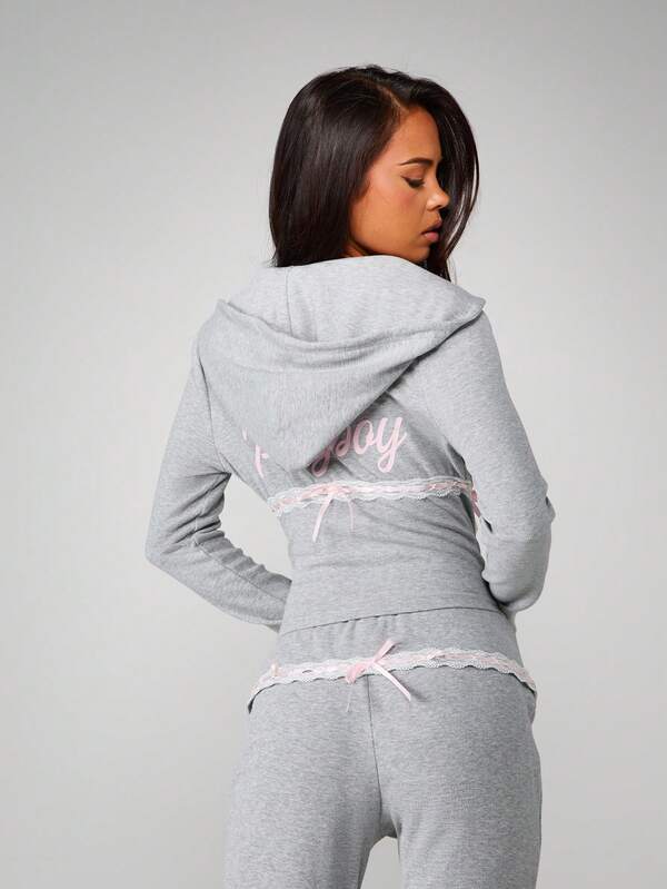Missguided Missguided X Playboy Ribbed Hooded Zip Top With Lace Trim