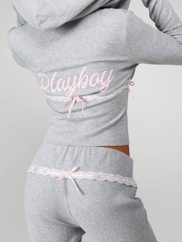 Missguided Missguided X Playboy Ribbed Hooded Zip Top With Lace Trim