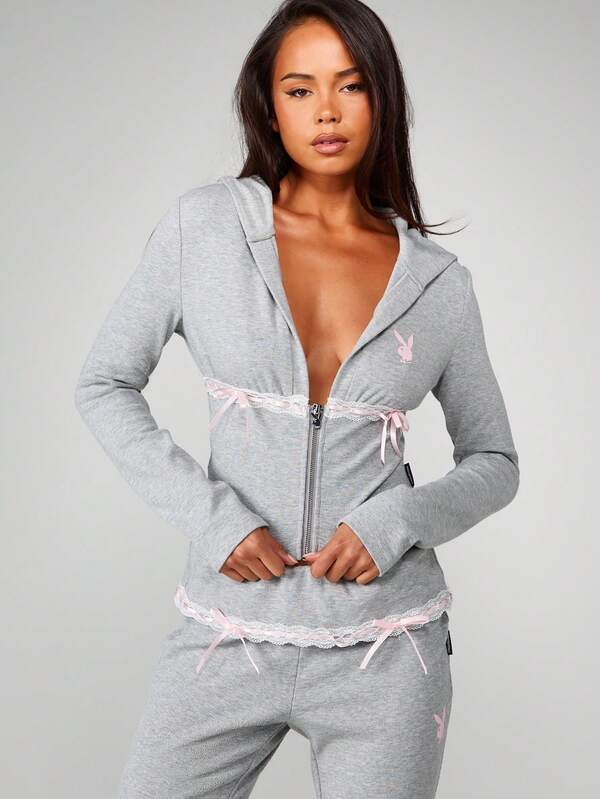 missguided Missguided x Playboy Ribbed Hooded Zip Top With Lace Trim