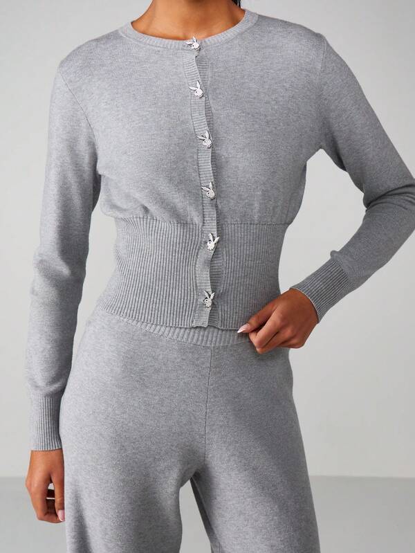 Missguided Missguided X Playboy Ribbed Knit Cardigan With Bunny Buttons