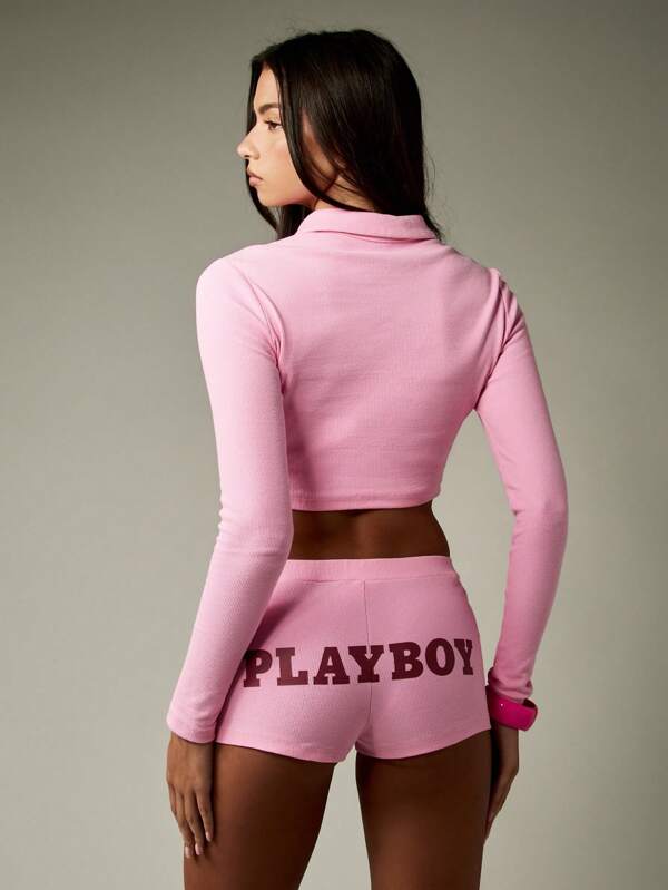 Missguided Missguided X Playboy Ribbed Knit Collared Crop Top With Matching High Rise Shorts