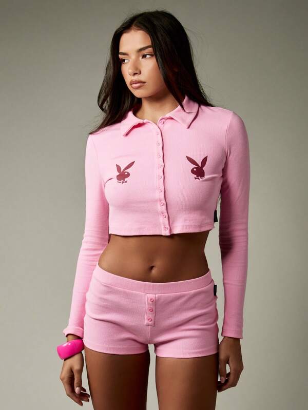 missguided Missguided x Playboy Ribbed Knit Collared Crop Top With Matching High Rise Shorts