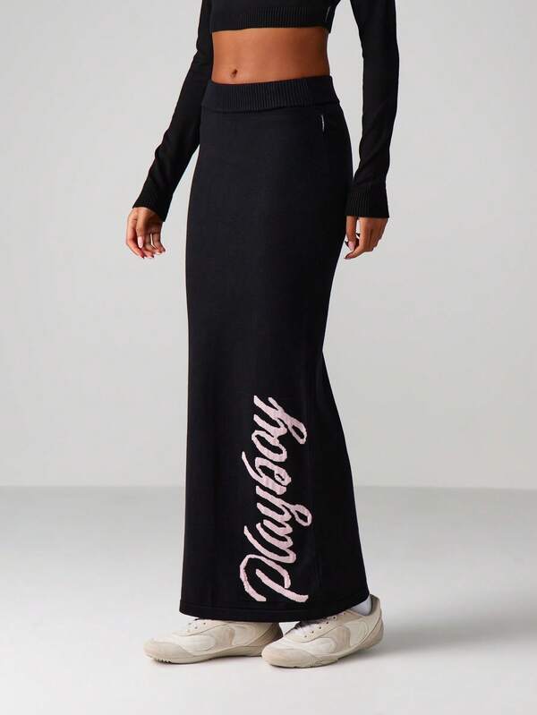 missguided Missguided x Playboy Ribbed Knit Maxi Skirt With Script Print