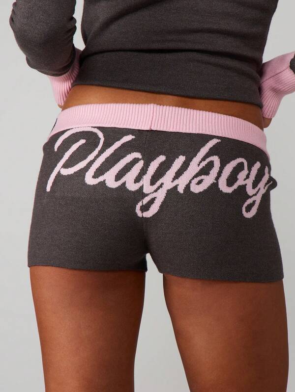 missguided Missguided x Playboy Ribbed Knit Shorts With Pink Contrast