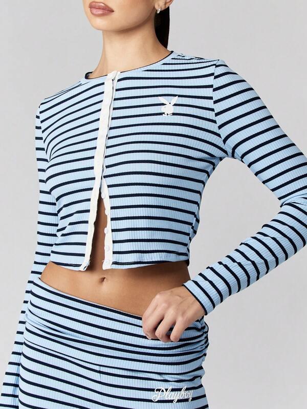 Missguided Missguided X Playboy Ribbed Knit Striped Button Front Co-Ord Set