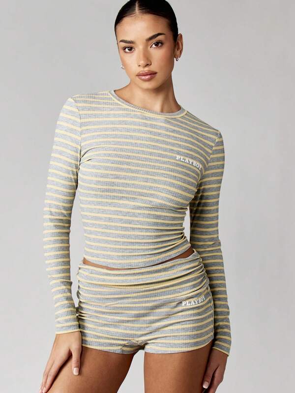 Missguided Missguided X Playboy Ribbed Knit Striped Crop Top And Hot Pants Set