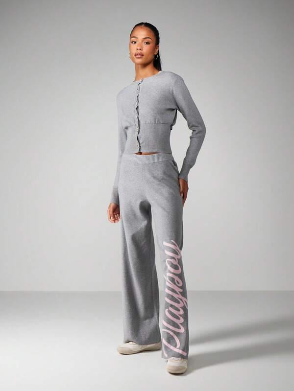 Missguided Missguided X Playboy Ribbed Knit Wide Leg Script Print Pants