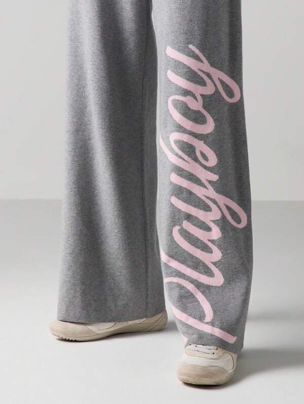 Missguided Missguided X Playboy Ribbed Knit Wide Leg Script Print Pants