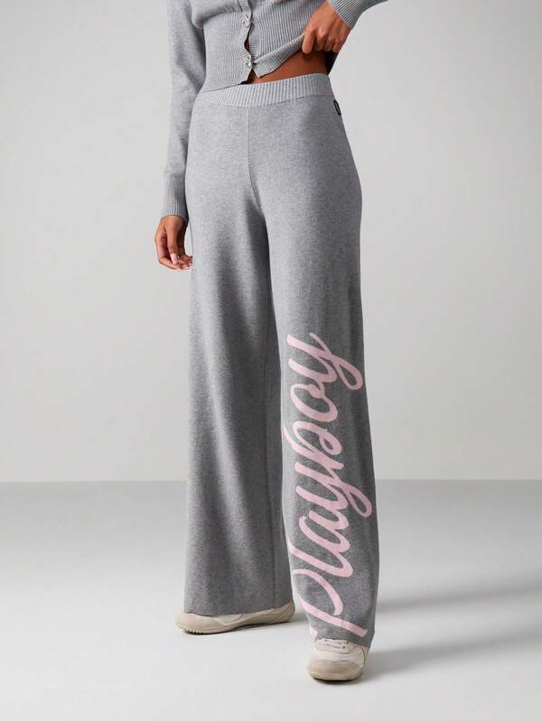 missguided Missguided x Playboy Ribbed Knit Wide Leg Script Print Pants