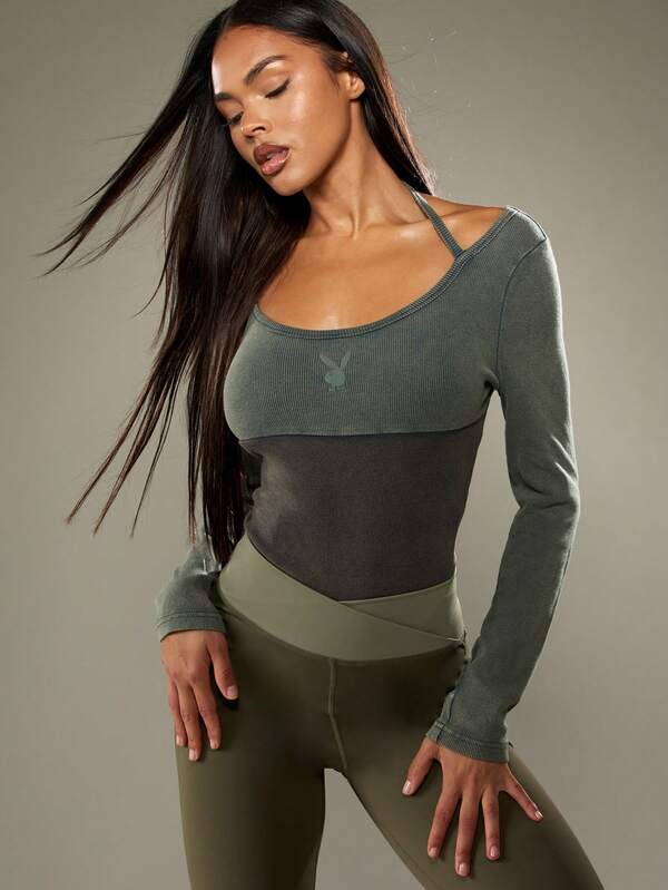 missguided Missguided x Playboy Ribbed Long Sleeve Bodysuit With Halter Detail