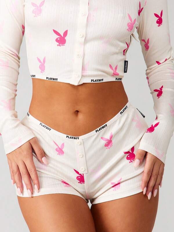 Missguided Missguided X Playboy Ribbed Long Sleeve Crop Top With Shorts Set