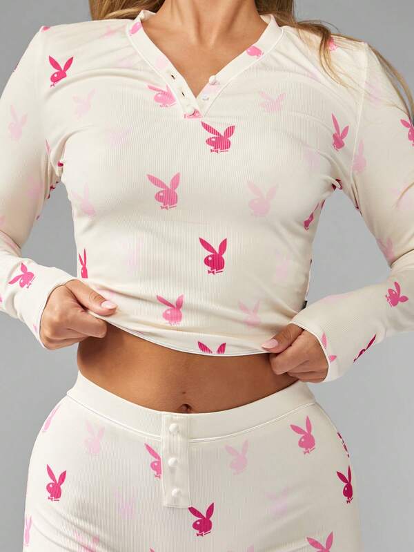 Missguided Missguided X Playboy Ribbed Long Sleeve Top With Matching Shorts