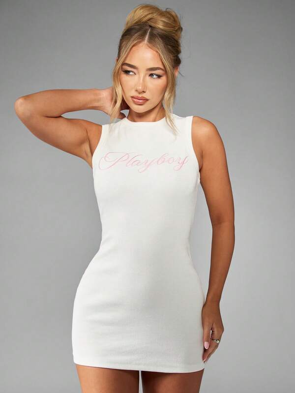 Missguided Missguided X Playboy Ribbed Sleeveless Tank Mini Dress With Brand Logo Design