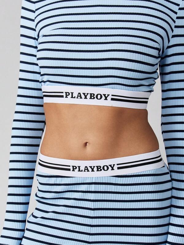 Missguided Missguided X Playboy Ribbed Stripe Crop Top And Wide Leg Pants Set