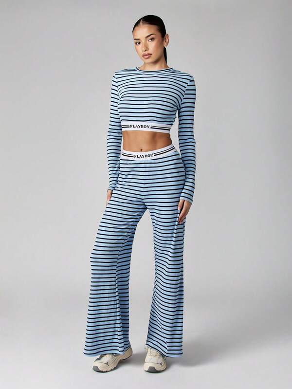 Missguided Missguided X Playboy Ribbed Stripe Crop Top And Wide Leg Pants Set