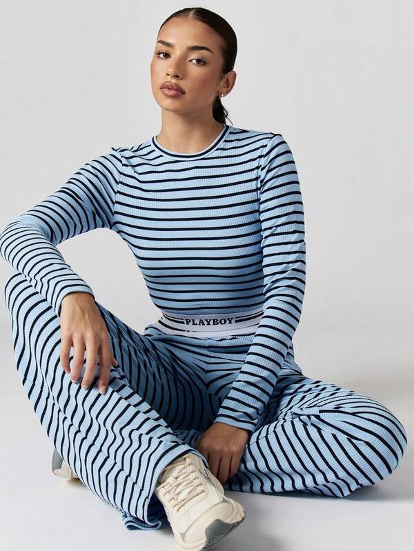 missguided Missguided x Playboy Ribbed Stripe Crop Top And Wide Leg Pants Set