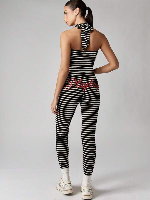 Missguided Missguided X Playboy Ribbed Striped Co-Ord With Halter Neck And High Rise Leggings