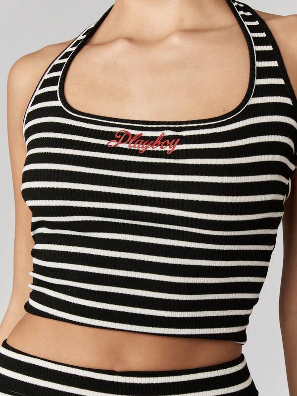 Missguided Missguided X Playboy Ribbed Striped Co-Ord With Halter Neck And High Rise Leggings