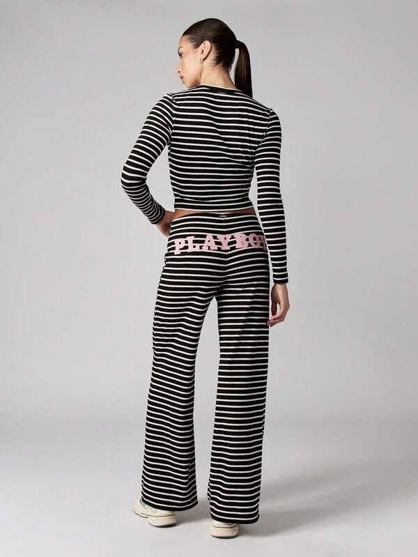 Missguided Missguided X Playboy Ribbed Striped Long Sleeve Top With Flared Pants