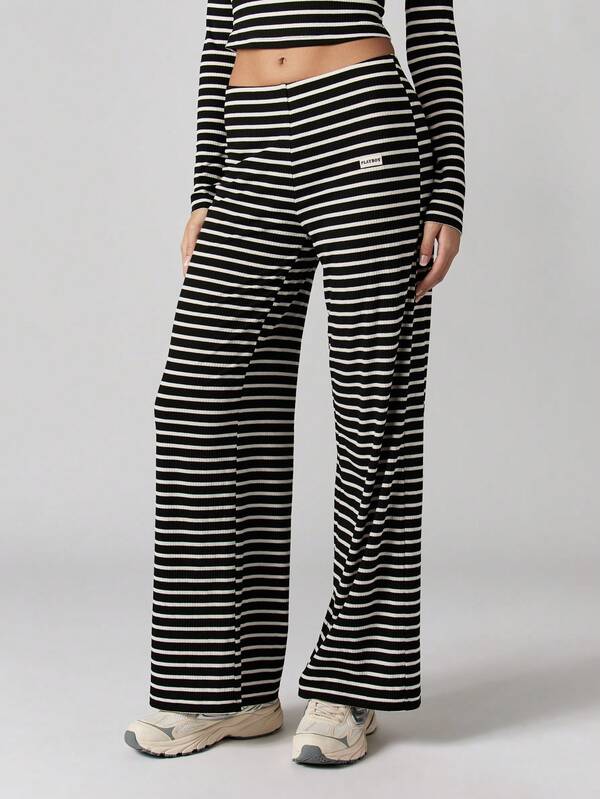 Missguided Missguided X Playboy Ribbed Striped Long Sleeve Top With Flared Pants