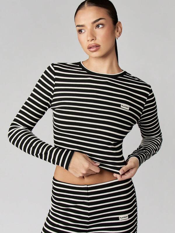 Missguided Missguided X Playboy Ribbed Striped Long Sleeve Top With Flared Pants