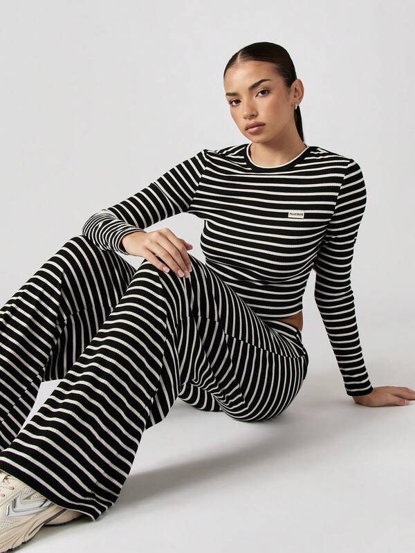 missguided Missguided x Playboy Ribbed Striped Long Sleeve Top With Flared Pants
