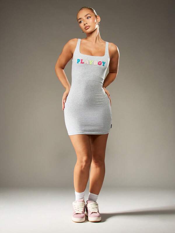 Missguided Missguided X Playboy Ribbed Tank Mini Dress With Logo Applique Detail